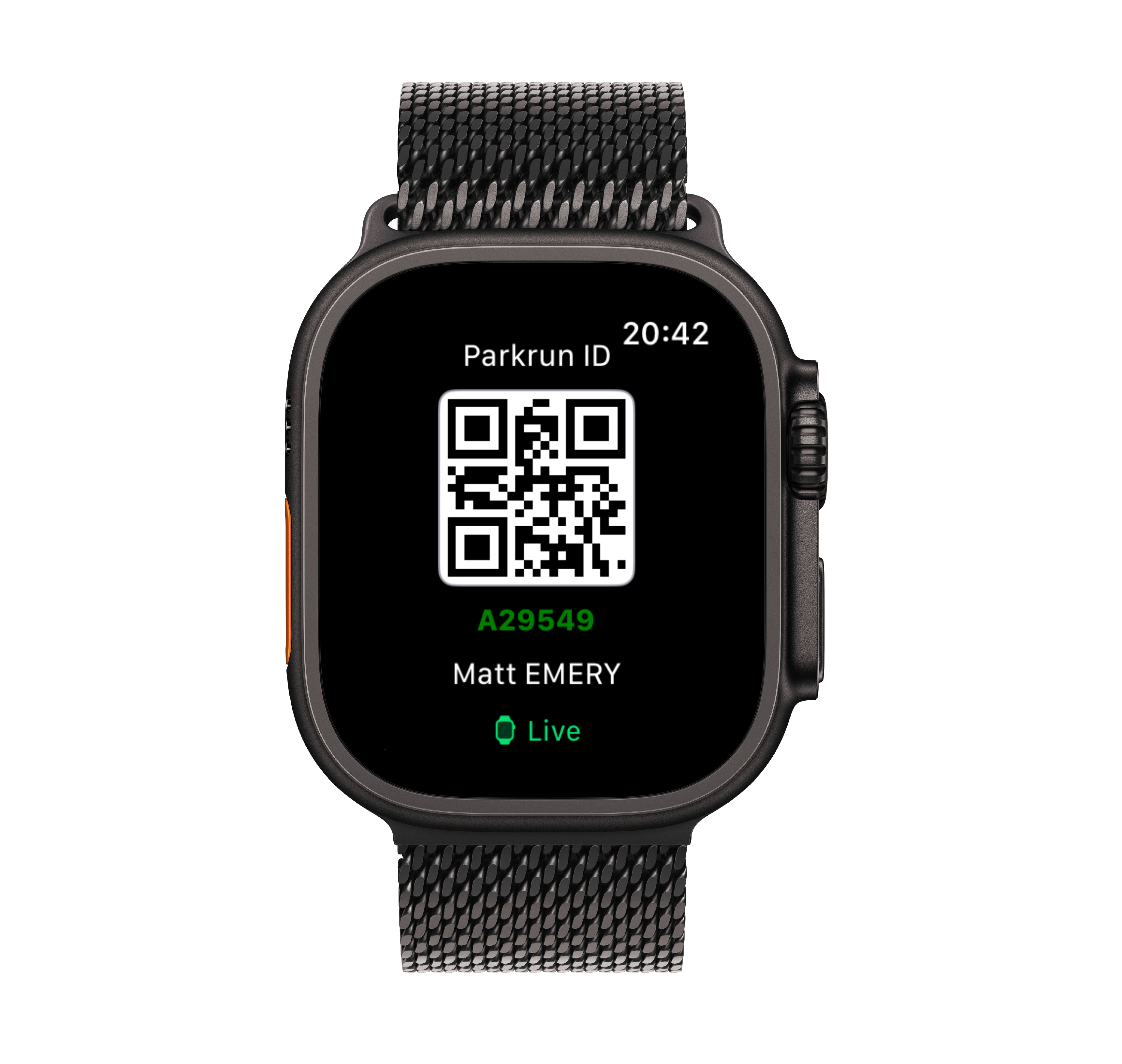 5K QR Code app displaying QR code on Apple Watch