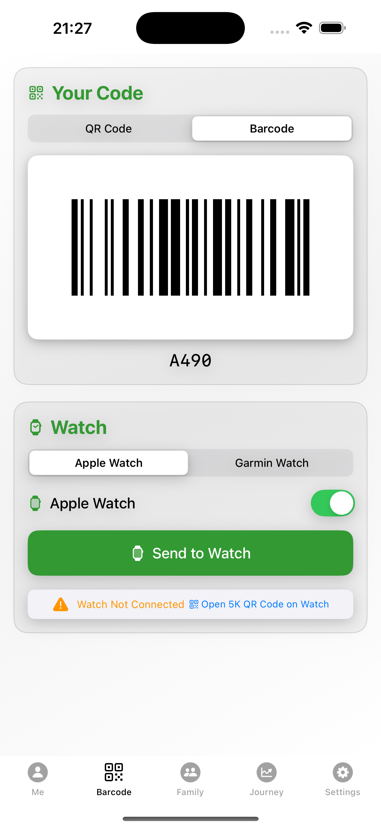 5K QR Code app displaying QR barcode for parkrun scanning
