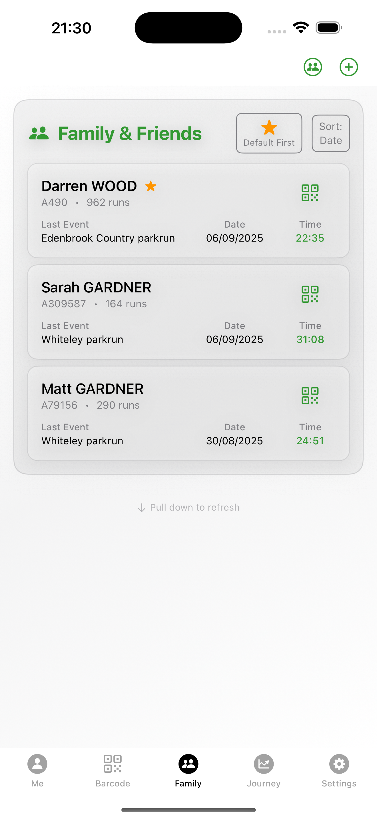 5K QR Code app family management screen for multiple parkrun profiles